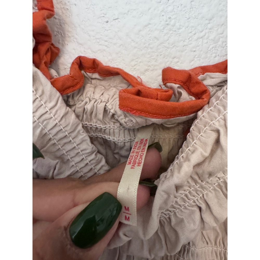 Free People Smocked Ruffle Midi Dress Beige Orange Boho Cottagecore Pockets oo - Picture 3 of 9